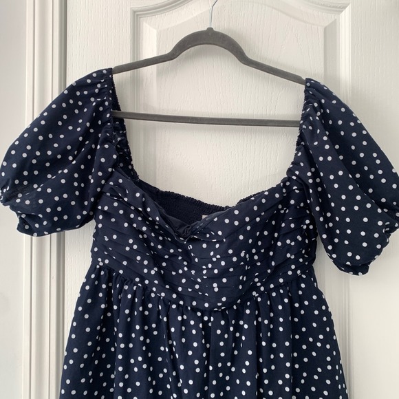 Abercrombie & Fitch Navy Polka Dot Puff Sleeve Smocked Mini Dress Women Large - Picture 3 of 12